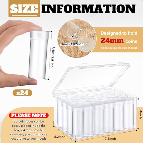 Qunclay 24 Pcs Quarter Coin Tubes with 1 Storage Box Clear Plastic Quarter Holders with Lid for Coin Collection and Organization - size: Quarter