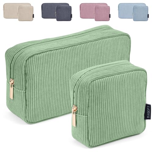 MAGEFY Small Makeup Bag for Purse Mini Cosmetics Bag Corduroy Cute Cosmetic Pouch for Women with Slip-in Pockets - color: Small+Large-green-2pcs