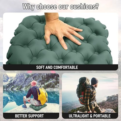 Inflatable Seat Cushion, Lightweight Stadium Seat Pad, Travel Air seat Cushion Anti-Slip for Airplane, Hiking, Climbing, Home and Camping,Olive Green