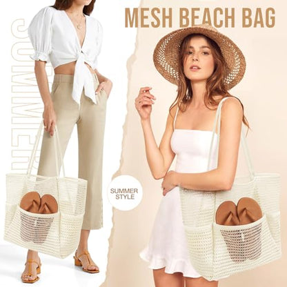 KPX Beach Bag with Mini Pocket, Summer Beach Tote Bags for Women Large Foldable Mesh Swimming Pool Travel Bags - Sandproof - color: Beige