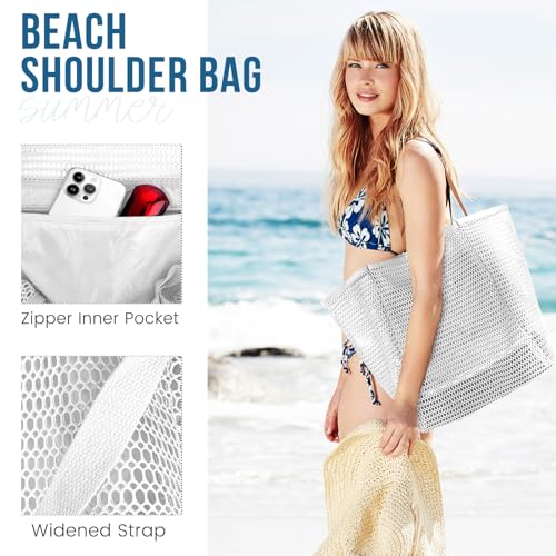 HOHOM Beach Bags for Women, Summer Travel Mesh Tote Bag with Large Inner Pocket, Sandproof Woven Shoulder Handbag - color: Snowy White