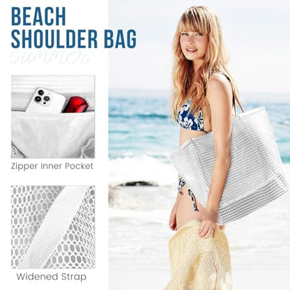 HOHOM Beach Bags for Women, Summer Travel Mesh Tote Bag with Large Inner Pocket, Sandproof Woven Shoulder Handbag - color: Snowy White