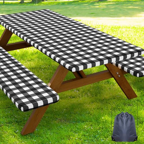 Smiry Picnic Table Cover with Bench Covers, Waterproof Elastic Fitted Tablecloths for 6 Foot Rectangle Tables, Washable Buffalo Plaid Tablecloth for Camping, Outdoor (Black & White, 30"x72") - color: Black and White, size: 30" x 72"