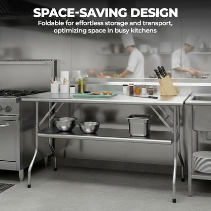 Premium Quality Stainless Steel Open Base Folding Utility Table - Folding Work Table for Commercial Kitchen, Restaurant, Hotel and Garage - NSF (24" x 60" with Undershelf) - size: 24" x 60" with Undershelf