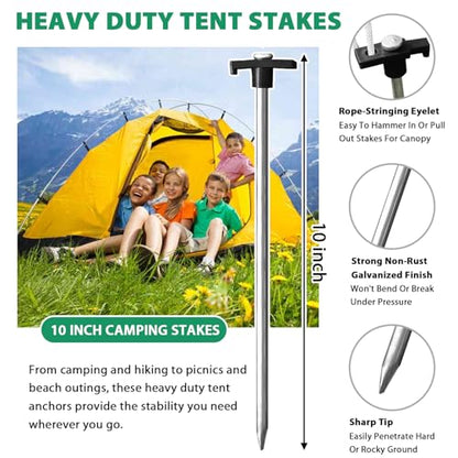 Eurmax USA 10-Pack Secure Protection Galvanized Tent Stakes,Rust-Proof Steel Canopy Anchors for High Winds,Heavy Duty Commercial Ground Pegs for Camping,Pop Up Tents&Gazebos - Includes 4x10ft Ropes - color: Black, style: Stakes 10-pack