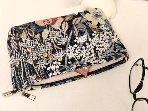 HAPPYHEIDI Cute Floral Makeup Bag Cosmetic Travel Pouch with Bottom and Zipper, Purse Make Up Organizer, Aesthetic Textured Fabric, Medium - color: Classic Black Floral Medium
