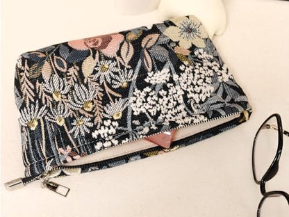 HAPPYHEIDI Cute Floral Makeup Bag Cosmetic Travel Pouch with Bottom and Zipper, Purse Make Up Organizer, Aesthetic Textured Fabric, Medium - color: Classic Black Floral Medium