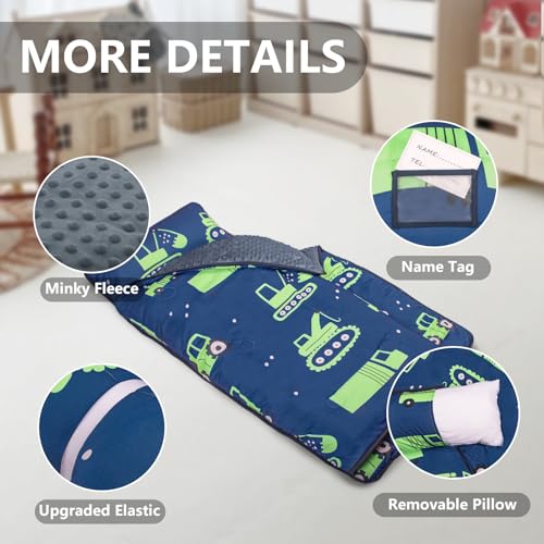 Primlect Thickened Toddler Nap Mat with Removable Pillow and Minky Blanket, Extra Large 55''x35'' Sleeping Bag, Washable, Roll up, Perfect for Daycare, Preschool, Kindergarten, Boys (Excavator) - color: Green Car