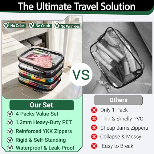 YQBRAO 4-Pack Clear Diaper Bag Organizer Pouches, 1.2mm Ultra-Thick PET Travel Pouches for Toiletries & Makeup, Rigid Self-Standing Bags with YKK Zippers, TSA Approved (Black) - color: Black, size: 4 Pack(M)