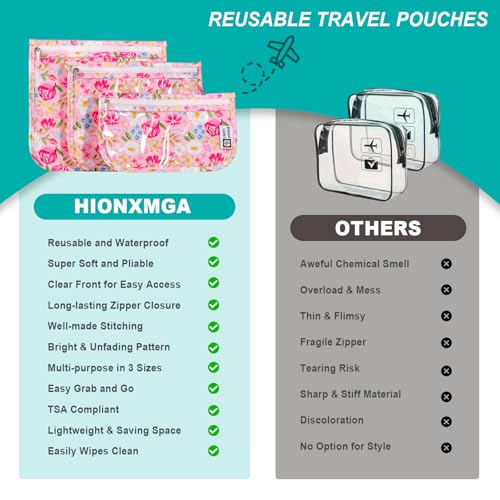 HIONXMGA TSA Approved Toiletry Bag, Set of 3 Clear Travel Toiletry Bag Quart Size Zipper Travel Pouch, Waterproof Makeup Cosmetic Bag for Women Men Kids Toiletries Carry on, Flowers - color: Flowers, Mixed Sizes