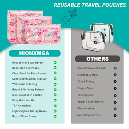 HIONXMGA TSA Approved Toiletry Bag, Set of 3 Clear Travel Toiletry Bag Quart Size Zipper Travel Pouch, Waterproof Makeup Cosmetic Bag for Women Men Kids Toiletries Carry on, Flowers - color: Flowers, Mixed Sizes