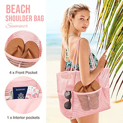 KPX Beach Bag with Mini Pocket, Summer Beach Tote Bags for Women Large Foldable Mesh Swimming Pool Travel Bags - Sandproof - color: Pink