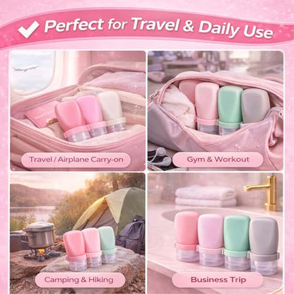 2 oz Travel Bottles, Leakproof Silicone Squeeze Bottle Mini Travel Size Container for Toiletries Lotion Shampoo and Conditioner Liquid Salad Dressing to go Condiment, TSA Approved, 4 Pack - color: Pink, Green, Clear, size: 2 oz