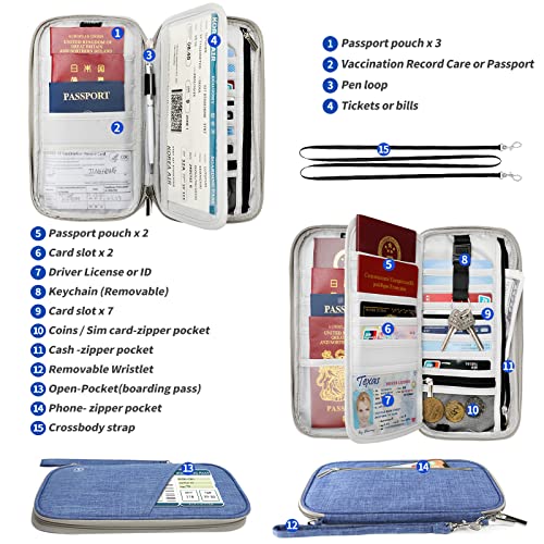 Passport Wallet, RFID Passport Holder with Vaccine Card Slot, for Family and Women & Men, Travel Document Organizer with Removable Wristlet Crossbody Strap (Blue) - color: Blue