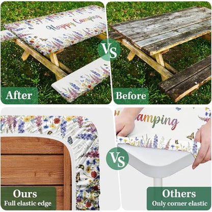 Picnic Table Cover with Bench Covers Elastic Edges, Butterfly Camper Fitted Table Cover, Outdoor Camping Essentials 72 Inch 3PCS, Waterproof Camping Fitted Tablecloth with Drawstring Bag - color: Butterfly, size: 72in