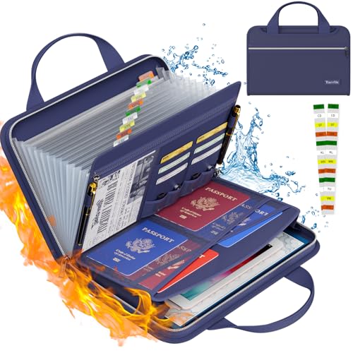 Tamfile Fireproof Accordion File Organizer with Handle, 13 Pocket Expanding File Folder with Zipper & Labels, File Folder with Multi-Pockets Paper Organizer Folder for Letter A4 Files, Blue - color: Blue, style: Clear Pocket