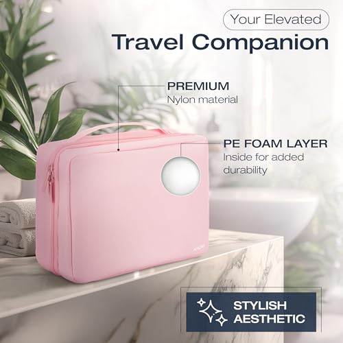 KAZAY Hanging Toiletry Bag with TSA Approved Detachable Pouch, Compact Travel Size Bag, Travel Toiletry Bag, Water Resistant, Premium Nylon, Travel Size Toiletries, Cosmetic Bag Makeup Bag (Pink) - color: Pink