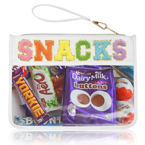 Snack Bag Clear Chenille Varsity Letter Zipper Pouch for Travel Nylon Clear Cosmetic Bag Makeup Travel Bag for Women (White-Snacks) - color: BS-SNACKS