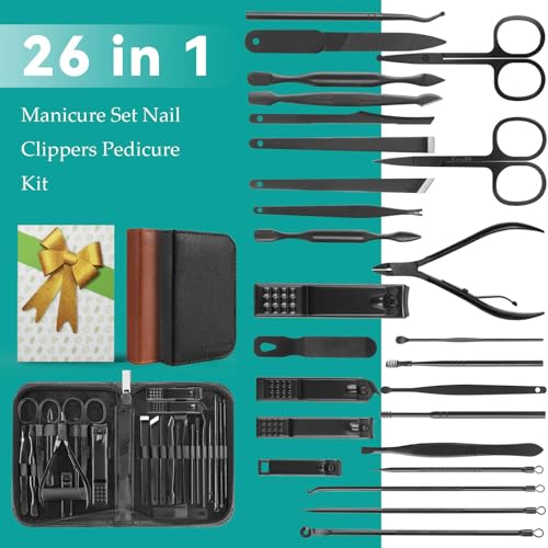 Nail Clippers Set, 26 Piece Manicure Set & Pedicure Kit, Stainless Steel Fingernail & Toenail Clipper Cutters, Professional Nail Care Tools with Luxurious Travel Case for Men and Women, Black - color: Black