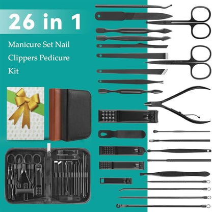 Nail Clippers Set, 26 Piece Manicure Set & Pedicure Kit, Stainless Steel Fingernail & Toenail Clipper Cutters, Professional Nail Care Tools with Luxurious Travel Case for Men and Women, Black - color: Black