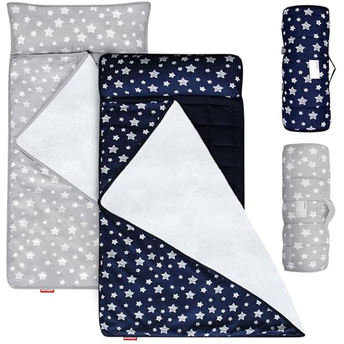 Toddler Nap Mat 2 Pack, Nap Mat for Toddlers Preschool, Daycare and Fleece Minky Blanket, Lightweight, Soft, Gray and Navy - color: Gray and Navy (Pack of 2)
