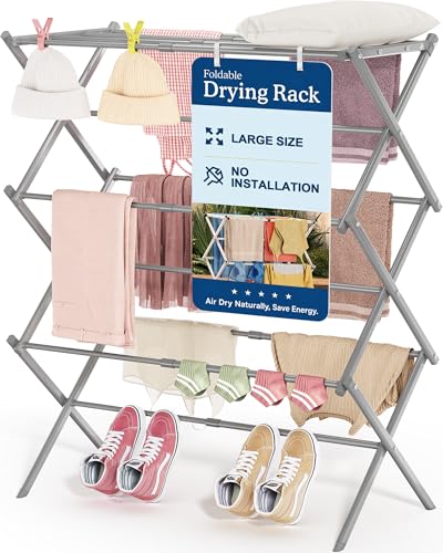 APEXCHASER Oversize Clothes Drying Rack, 3-Tier Drying Rack Clothing, Expandable Metal Laundry Drying Rack, Air Drying Rack, Clothes Rack, No Install, 24lb Capacity, 14.9" D x 29.3" W x 39.3" H, Grey - color: Gray