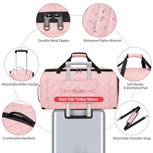 Rolling Garment Bags for Travel - Carry on Convertible Garment Duffle Bags with Wheels for Men Women, 4 in 1 Large Travel Duffel Bags with Shoes Compartment Hanging Suit Dress Weekender Bag 4pcs Set - color: Pink