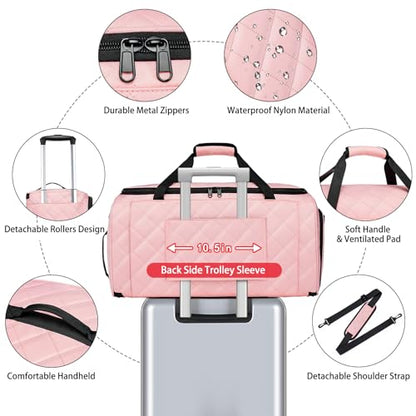 Rolling Garment Bags for Travel - Carry on Convertible Garment Duffle Bags with Wheels for Men Women, 4 in 1 Large Travel Duffel Bags with Shoes Compartment Hanging Suit Dress Weekender Bag 4pcs Set - color: Pink