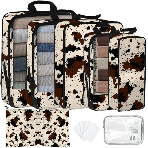 7 Pcs Compression Packing Cubes for Travel, Waterproof Suitcase Luggage Backpack Organizer with Toiletry Bag Travel Essentials for Women/Men-Cow Print - color: Brown-Cow Print