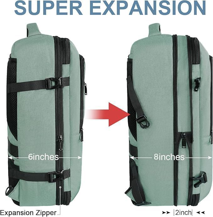 Vancropak Travel Bag, Large 40L Carry on Backpack Airline Approved Expandable Suitcase Daypack, Water Resistant Travel Backpack Overnight Lightweight Luggage Weekender Bag for Flight Men Women, Cyan - color: Green, size: X-Large