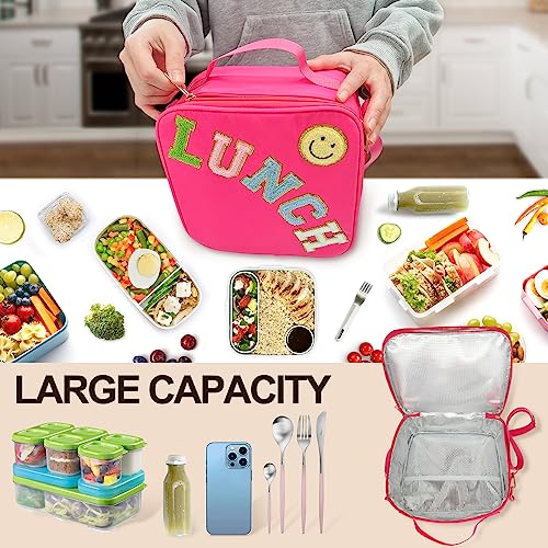 Insulated Lunch Bag With Adjustable Shoulder Strap, Nylon Preppy Lunch Box Large Insulated Lunch Bag Reusable Lunch Tote Bag with Smiley Preppy LunchBag for Girls School Travel Picnic (Rosy Red) - color: Rosy Red