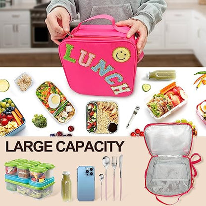 Insulated Lunch Bag With Adjustable Shoulder Strap, Nylon Preppy Lunch Box Large Insulated Lunch Bag Reusable Lunch Tote Bag with Smiley Preppy LunchBag for Girls School Travel Picnic (Rosy Red) - color: Rosy Red