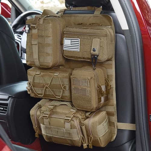 Tactical Car Seat Back Organizer, 2025 Upgrade Tactical Vehicle Panel Organizer with 5 Detachable Molle Pouch for Car Truck Ford Jeep Vehicle - color: Brown