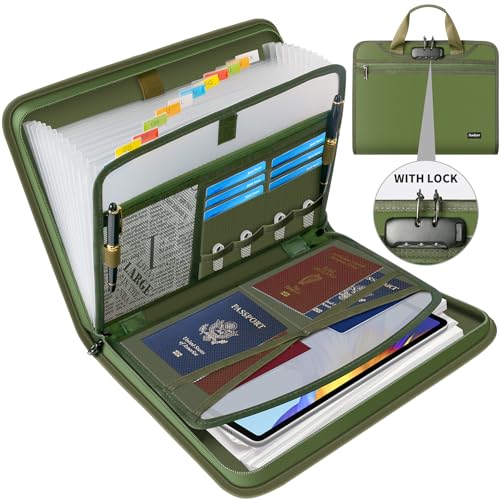 Andyer Accordion File Organizer with Lock, Fireproof Expanding File Folder with Tabs, 13 Pockets Important Document Organizer with Handle, Portable Paperwork Business Organizer, Letter/A4-Size (Green) - color: Green