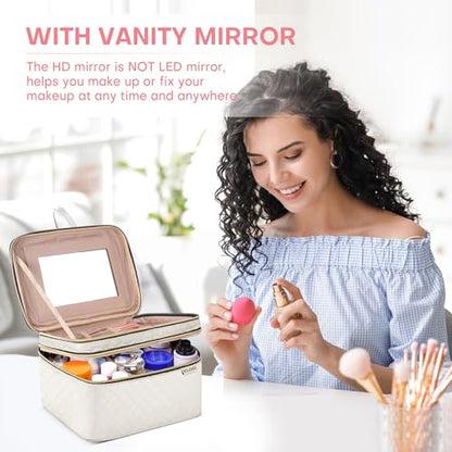 HXLGMD Large Makeup Bag with Mirror Double Layer Travel Make Up Organizer Case, Large Capacity Coemetic with Brush Slot Divider, Travel Toiletry Bag for Women - White/Beige - color: Beige