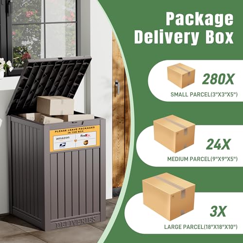 Outdoor Package Delivery Box with Lockable Secure and Sign, Resin Waterproof Outdoor Package Drop Container for Backyard, Garden, Patio & Lawn, Brown with Sign - color: 021 Brown