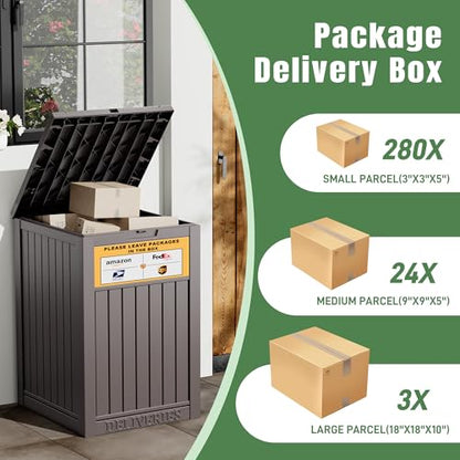 Outdoor Package Delivery Box with Lockable Secure and Sign, Resin Waterproof Outdoor Package Drop Container for Backyard, Garden, Patio & Lawn, Brown with Sign - color: 021 Brown