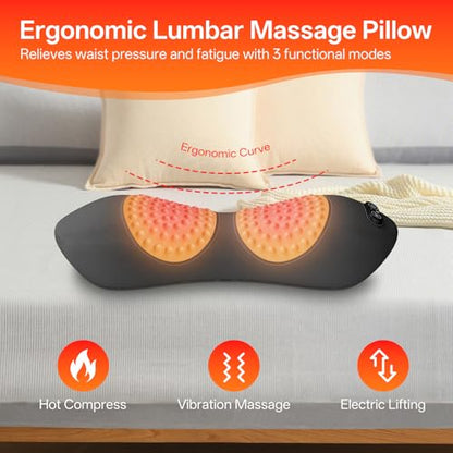 3-in-1 Electric Lumbar Support Pillow with Heat, Vibration and Traction, Triple Fusion Back Massager for Bed or Chair, Lumbar Support Cushion for Lower Back Comfort & Spine Support, Dark Gray
