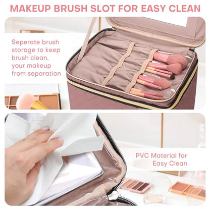 HXLGMD Large Makeup Bag with Mirror Double Layer Travel Make Up Organizer Case, Large Capacity Coemetic Bag with Brush Slot Divider - color: Rosewood