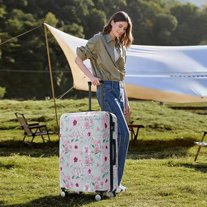 Merax Luggage Set,5 Piece Luggage with Handbag and Cosmetic Case,Harside Printing Suitcase with Wheels,Carry on Luggage Airline Approved(Green Pink Flower,8/14/20/24/28) - color: Green Pink Flower, style: 8/14/20/24/28