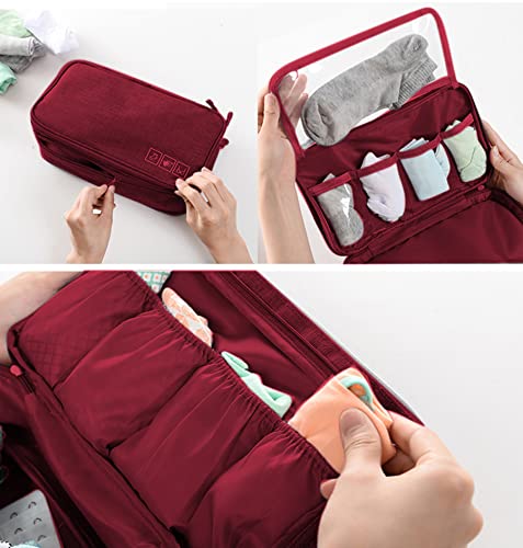 Portable Underwear Bra Storage Bag Waterproof Travel Organizers Multi-Layer Toiletry Packing Cube - color: wine red