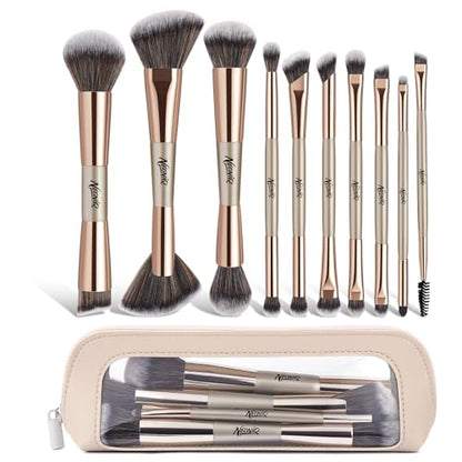 10 PCS Travel Makeup Brush Set With Bag, Makeup Brushes, Double-End Multi-functional Brushes for Foundation Powder Blush Eyeliner Eyeshadows, Professional Face Brush Set（Champagne Gold） - color: 10Pcs-Champagne Gold