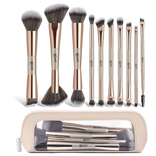 10 PCS Travel Makeup Brush Set With Bag, Makeup Brushes, Double-End Multi-functional Brushes for Foundation Powder Blush Eyeliner Eyeshadows, Professional Face Brush Set（Champagne Gold） - color: 10Pcs-Champagne Gold
