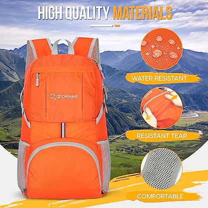 ZOMAKE Lightweight Packable Backpack 35L, Light Foldable Backpacks Water Resistant Collapsible Hiking Bag, Compact Folding Day Pack for Travel Camping(Orange) - color: Orange