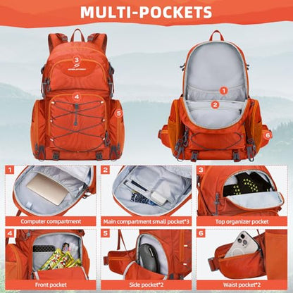 Maelstrom Hiking Backpack, 40L Waterproof Camping Daypack for Men and Women, Lightweight Travel Pack with Rain Cover (Orange) - color: Orange