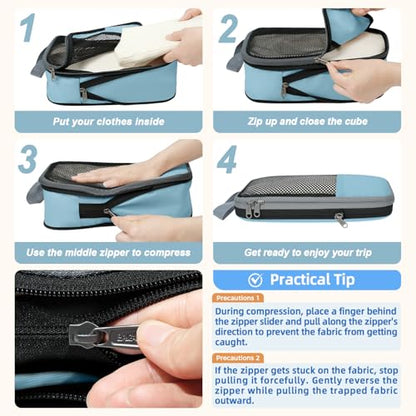 BAGAIL 4 Set/6 Set/8 Set Compression Packing Cubes Travel Accessories Expandable Packing Organizers (Half Mesh, 6-Dusty Blue) - color: 6-Dusty Blue, style: Half Mesh