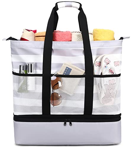 JIANYA Beach Bag Women Waterproof Sandproof Beach Tote Bags with Cooler Top Zipper Large Totes for Pool Travel Daily - color: Grey Stripes