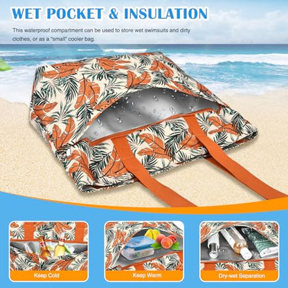 HUANLANG Large Beach Bags for Women Pool Bag with Zipper, Waterproof Sandproof Beach Tote Travel Bag with Wet Pocket - color: Orange Floral