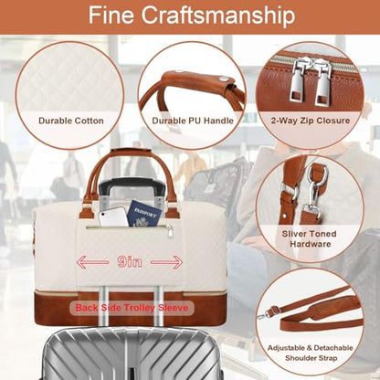 ITIEZY Weekender Overnight Bag for Women - Large Travel Duffel Bag with Shoe Compartment, Gym Duffel Bag Hospital Bag Carry On Tote Bags for Airplanes with Crossbody Bag Toiletry Bag 3Pcs Set - color: 1-Beige