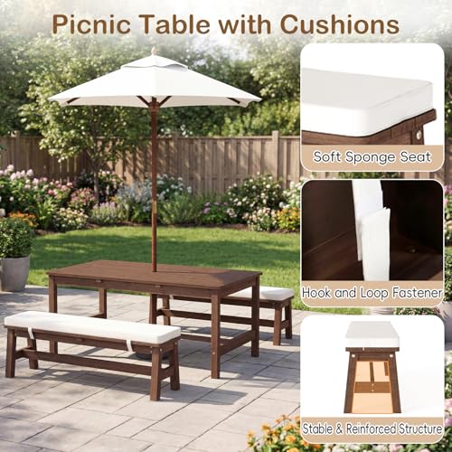 Olakids Kids Picnic Table, Outdoor Wooden Bench Set with Removable Cushions Adjustable Foldable Umbrella, Toddler Backyard Furniture for Patio Garden